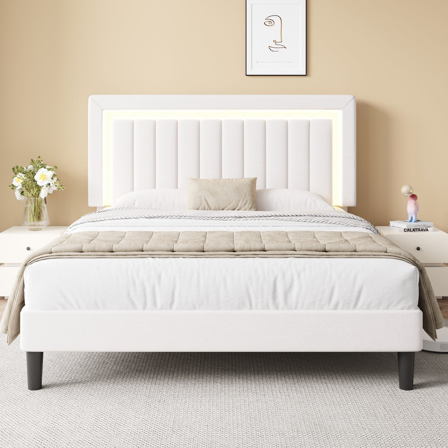 Amolife Bed Frame, Platform Bed with LED Light Velvet Vertical Channel Upholstered Headboard