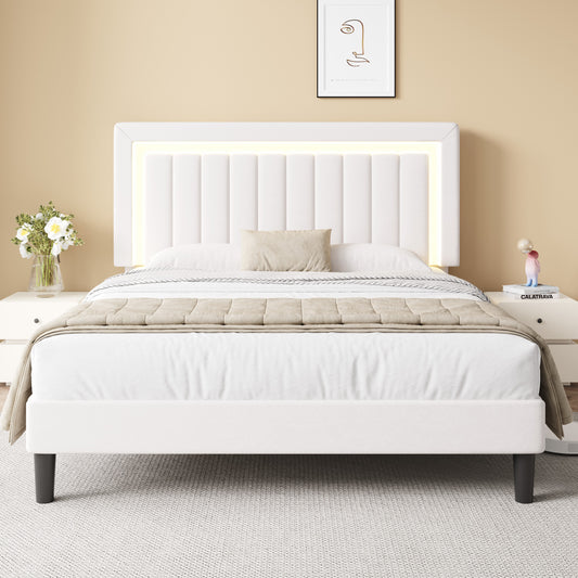 Amolife Bed Frame, Platform Bed with LED Light Velvet Vertical Channel Upholstered Headboard