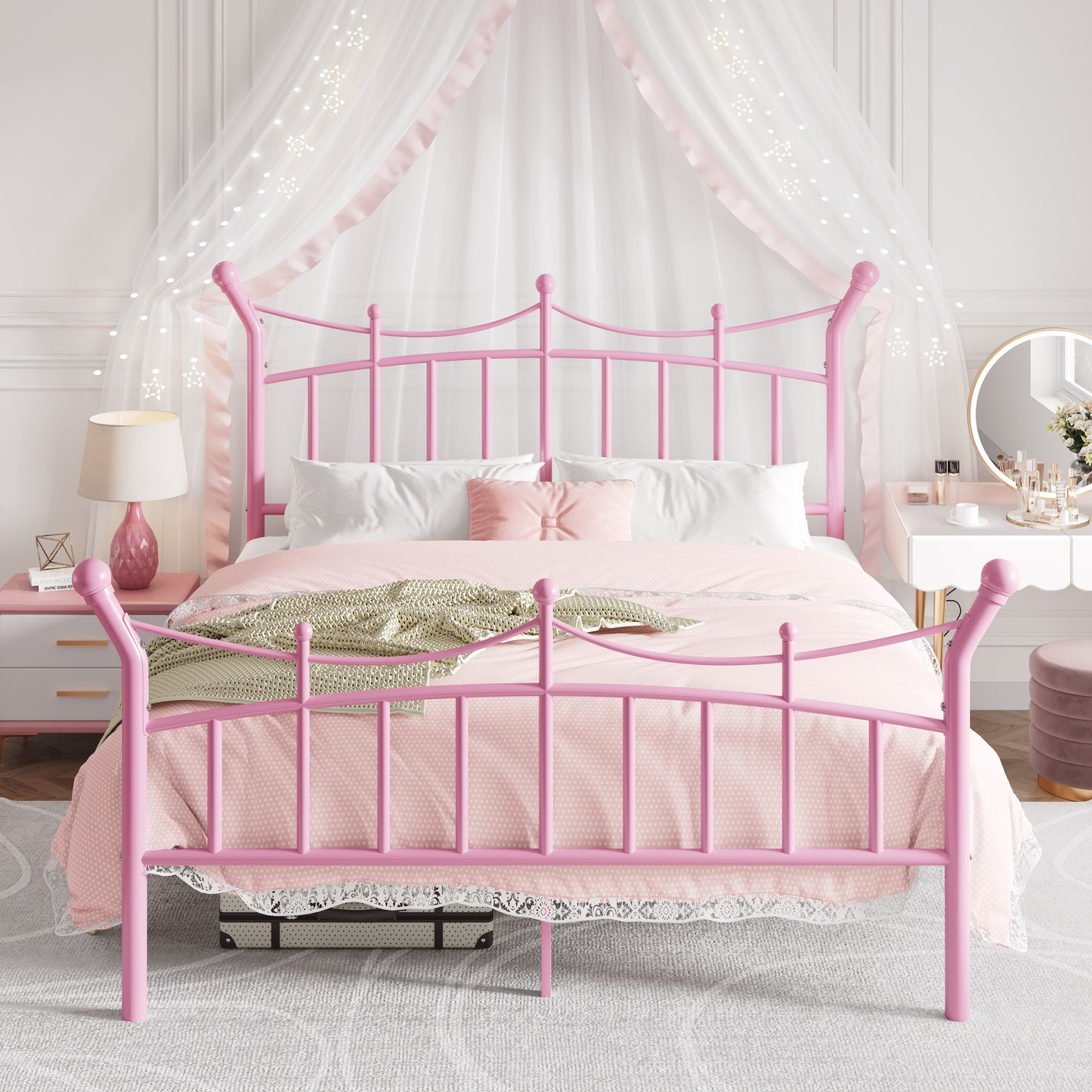 Amolife Bed Frame, Metal Platform Bed with Crown-Shaped Headboard and Footboard, 12.6'' Under-Bed Storage Space, No Box Spring Needed
