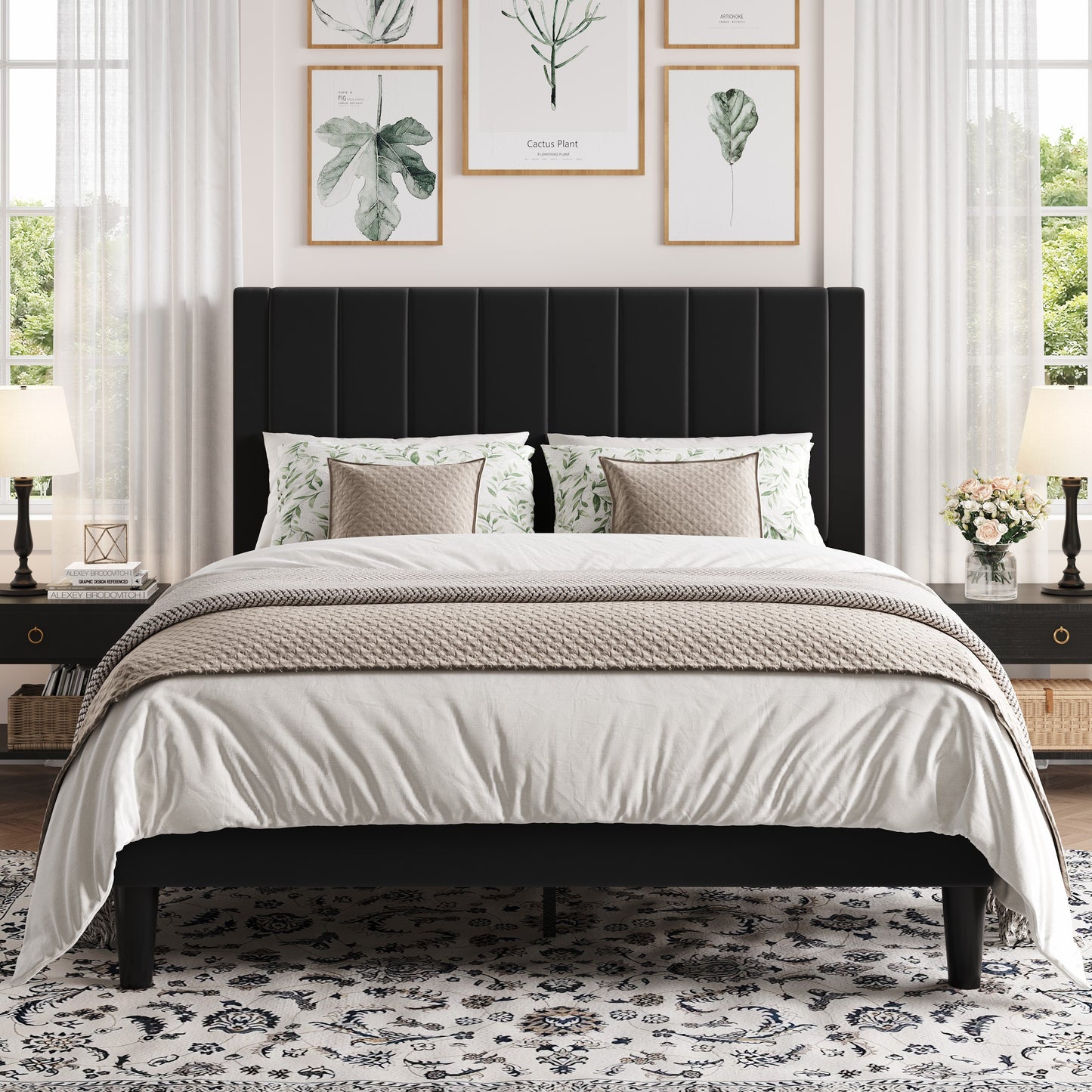Amolife Bed Frame with Velvet Vertical Stripe Headboard and Extra Panel