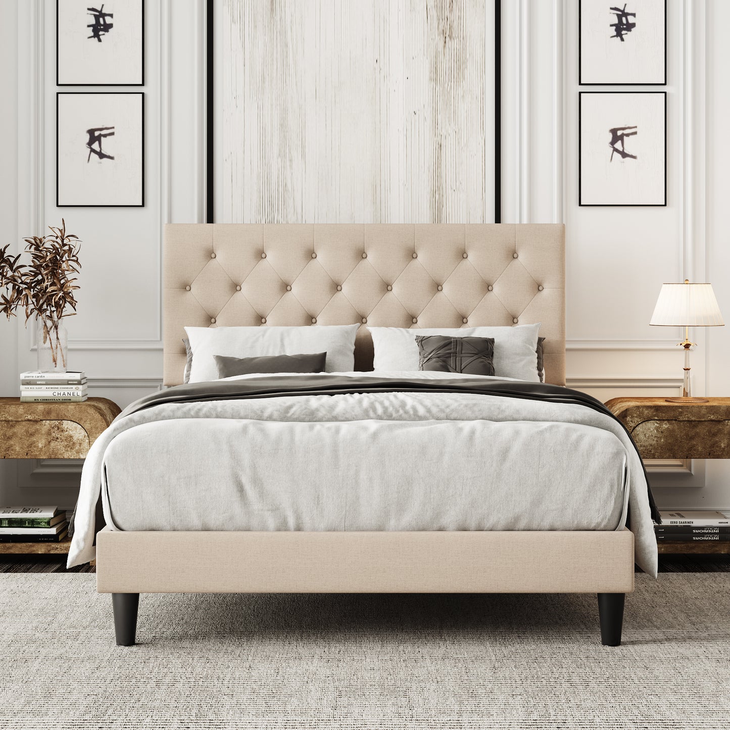 Faux Leather Upholstered Bed Frame with Adjustable Diamond Stitched Button Tufted Headboard