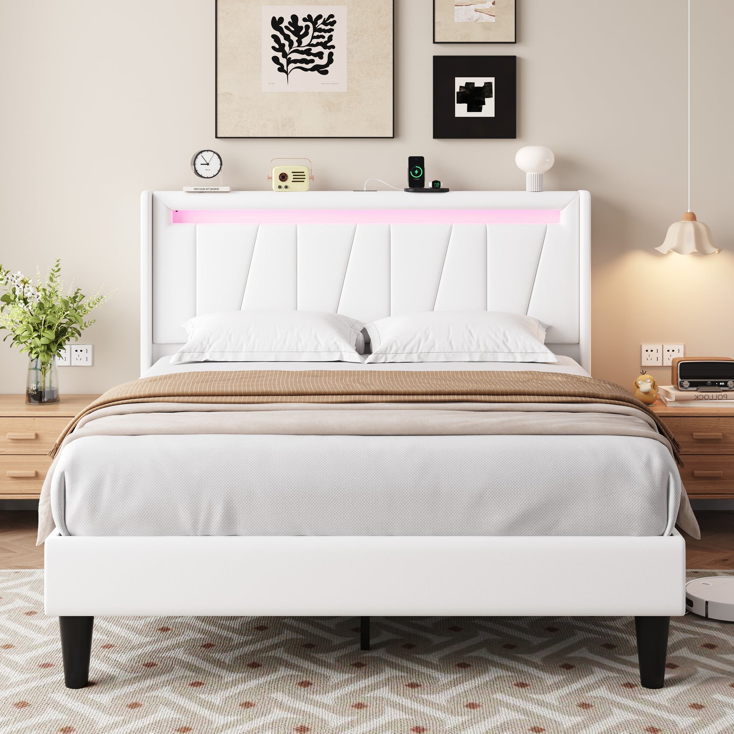 Amolife Bed Frame with Charging Station & LED Light, Velvet Upholstered Platform Bed with Geometric Wingback Headboard