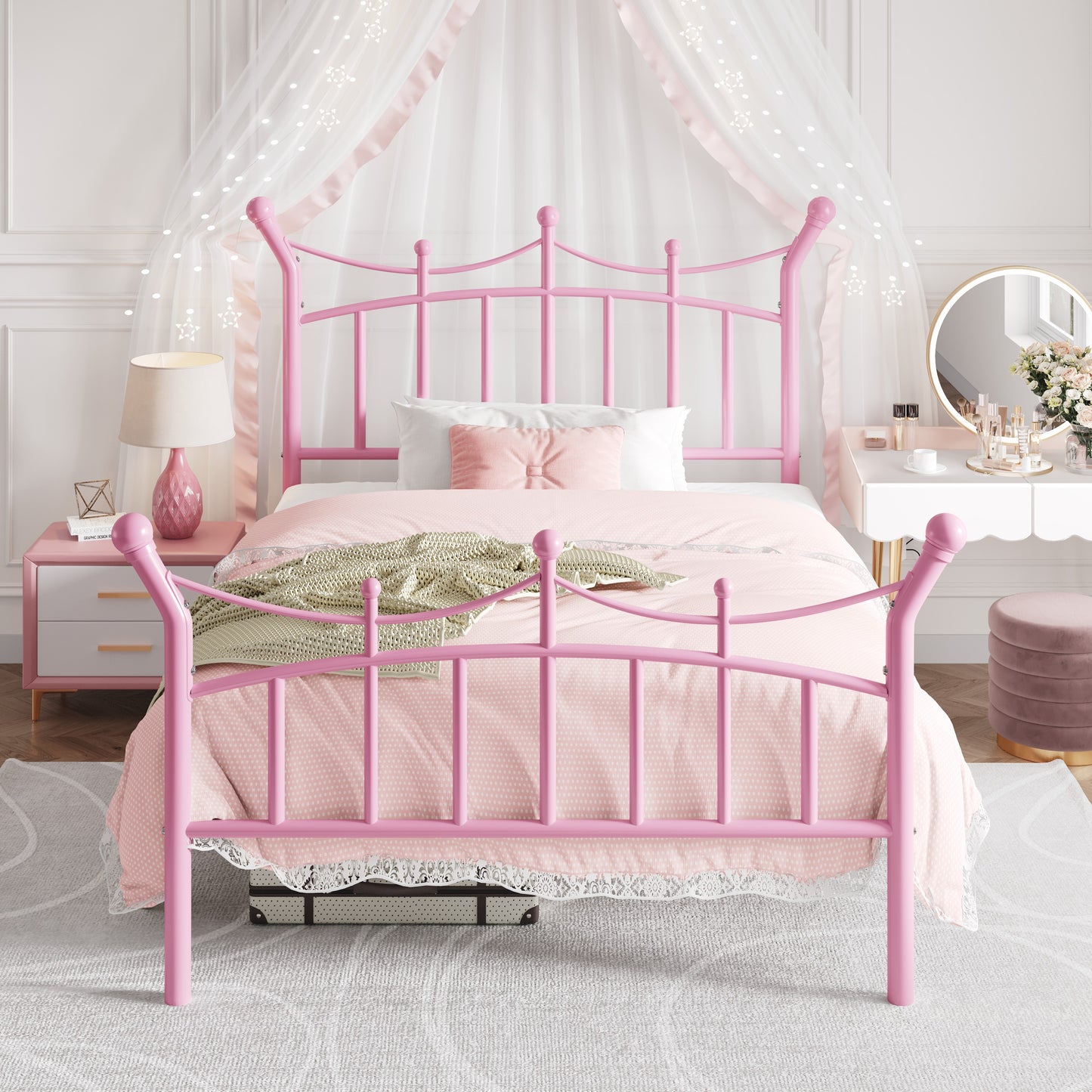 Amolife Bed Frame, Metal Platform Bed with Crown-Shaped Headboard and Footboard, 12.6'' Under-Bed Storage Space, No Box Spring Needed