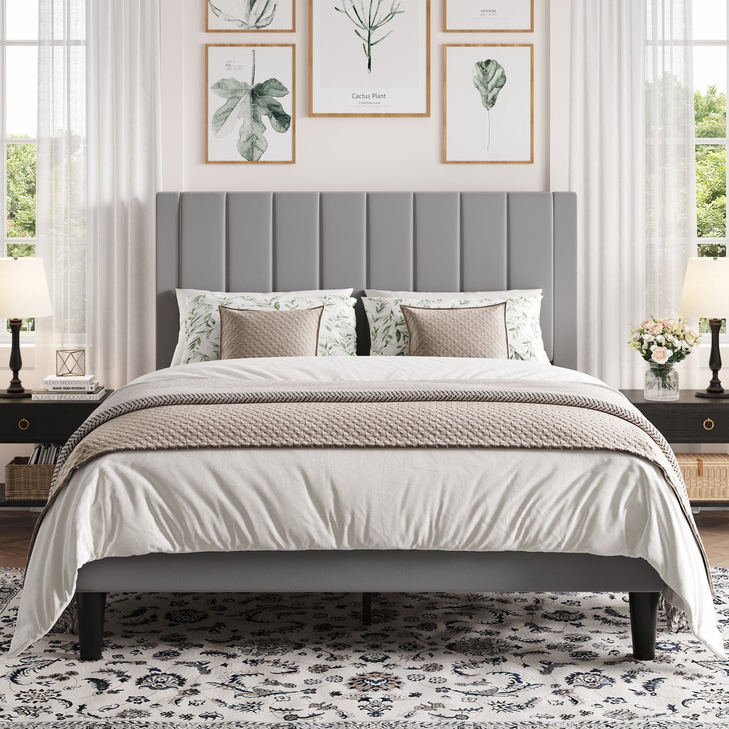 Amolife Bed Frame with Velvet Vertical Stripe Headboard and Extra Panel