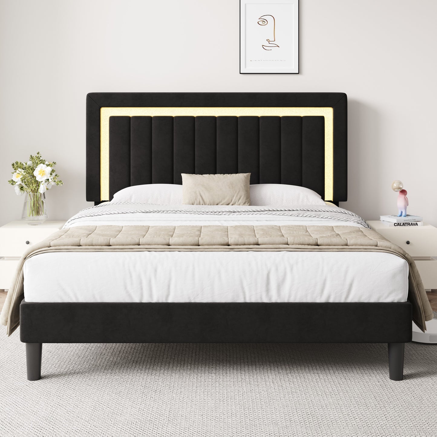 Amolife Bed Frame, Platform Bed with LED Light Velvet Vertical Channel Upholstered Headboard