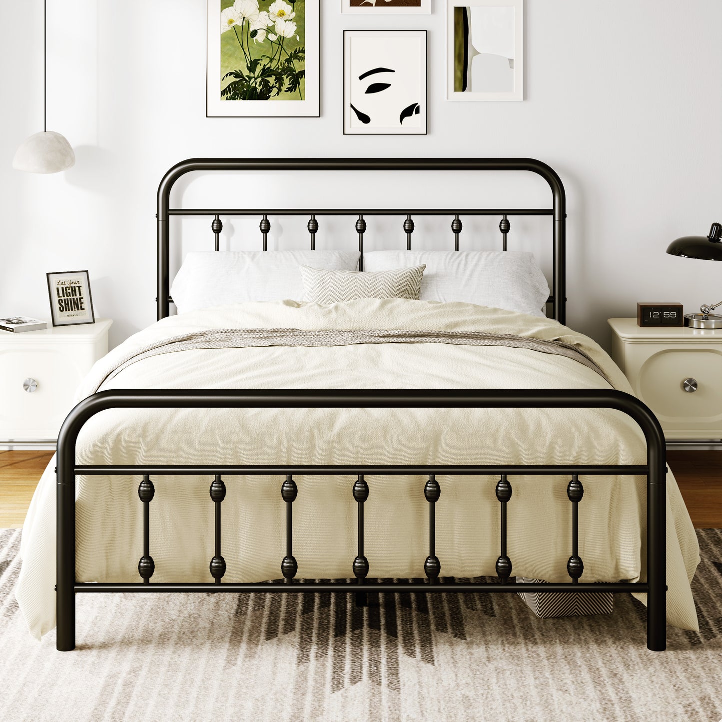 Amolife Metal Platform Bed Frame with Vintage Metal Headboard and 12.6" Under-Bed Storage