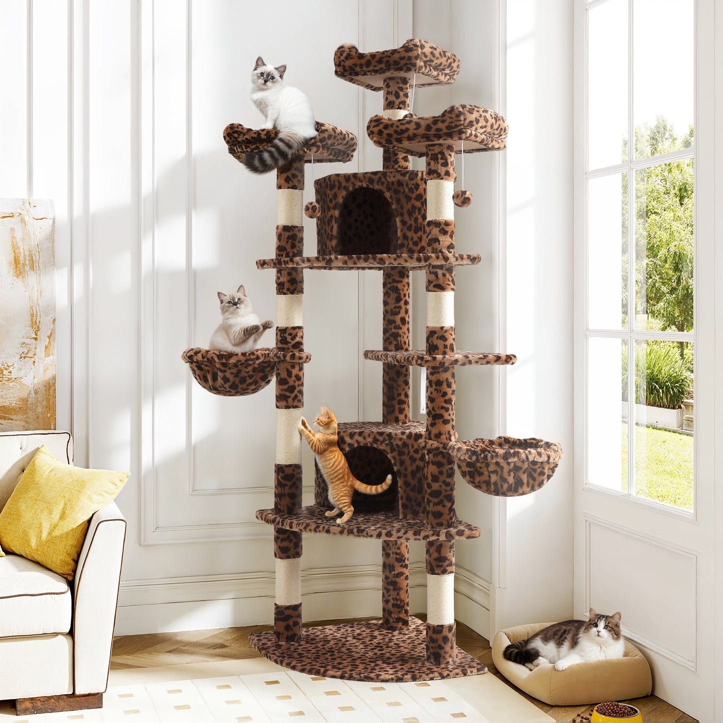 Amolife 73.6" Extra Large Corner Cat Tree, Fan-Shaped Tower with Scratching Posts & Condo House for Indoor Cats