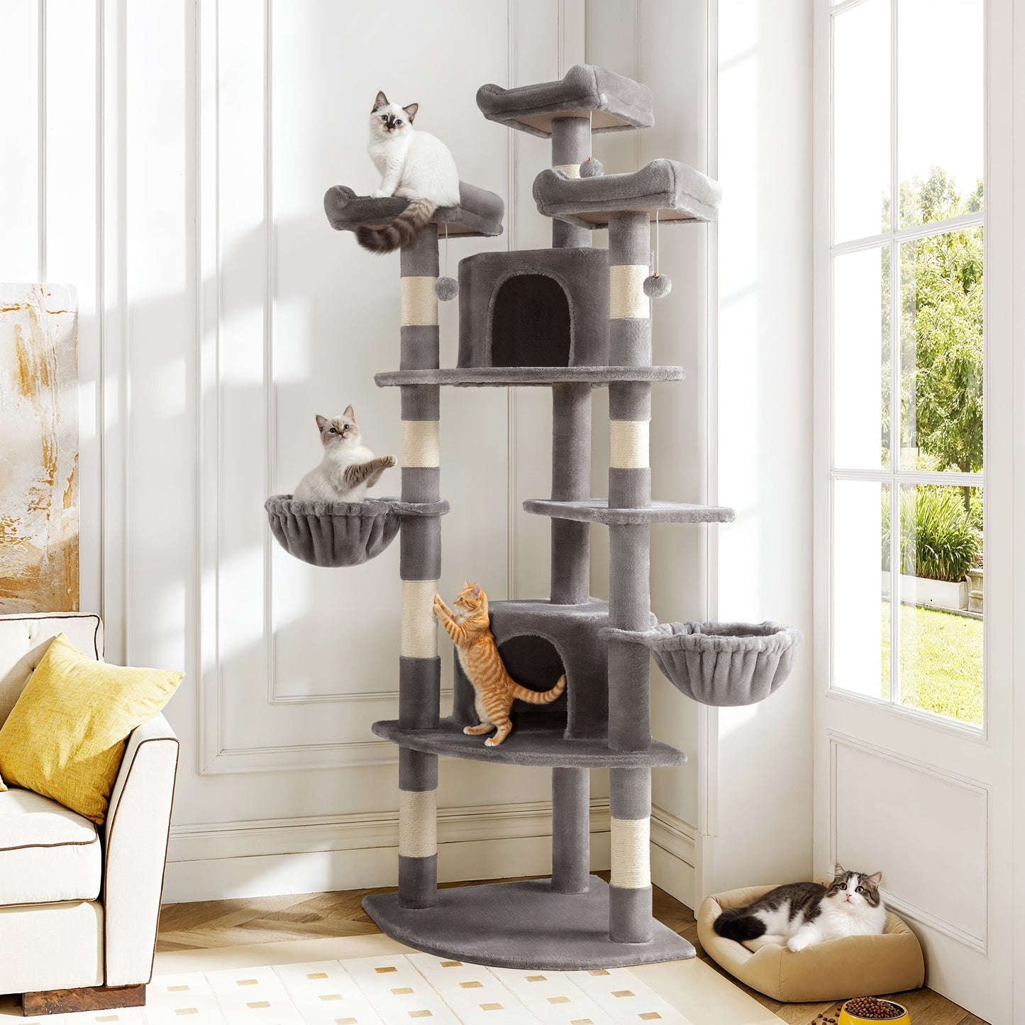 Amolife 73.6" Extra Large Corner Cat Tree, Fan-Shaped Tower with Scratching Posts & Condo House for Indoor Cats