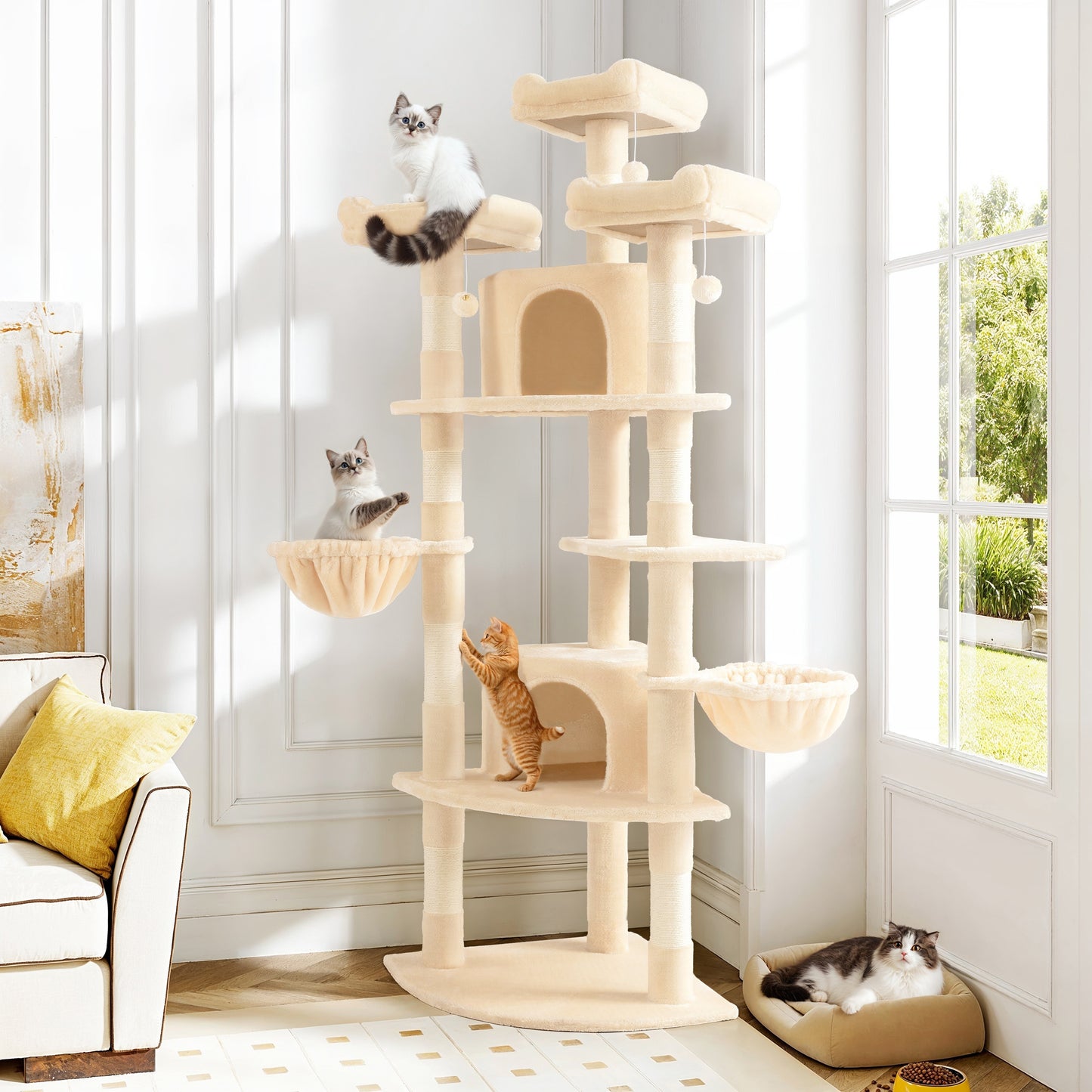 Amolife 73.6" Extra Large Corner Cat Tree, Fan-Shaped Tower with Scratching Posts & Condo House for Indoor Cats