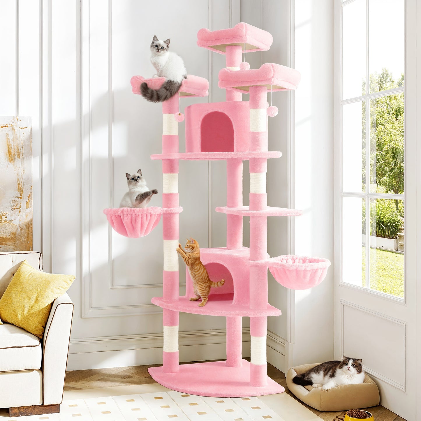 Amolife 73.6" Extra Large Corner Cat Tree, Fan-Shaped Tower with Scratching Posts & Condo House for Indoor Cats