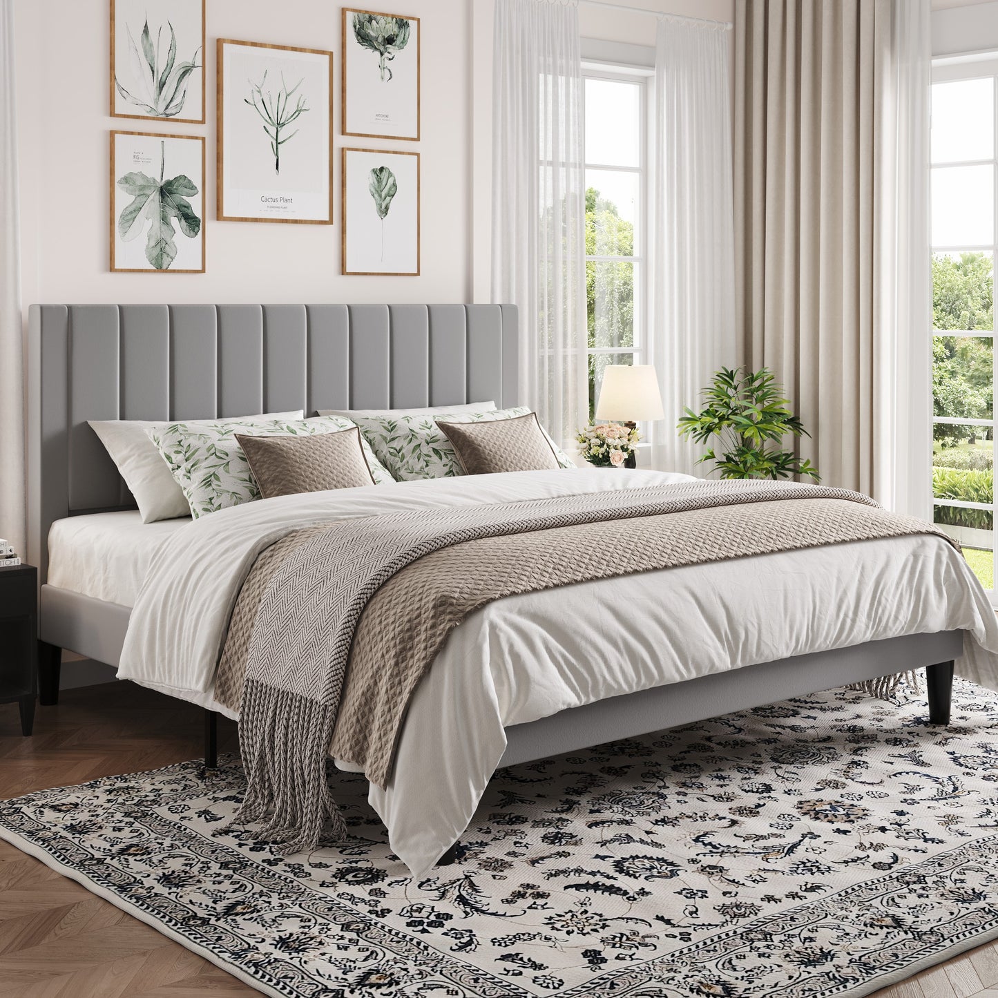 Amolife Bed Frame with Velvet Vertical Stripe Headboard and Extra Panel