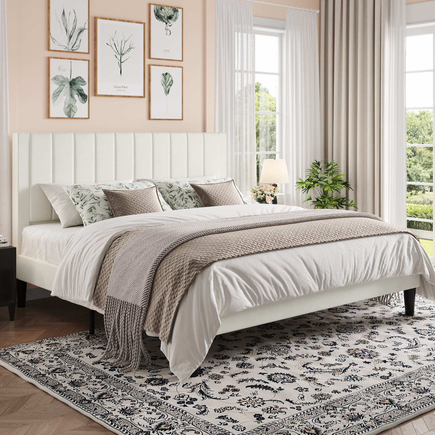 Amolife Bed Frame with Velvet Vertical Stripe Headboard and Extra Panel