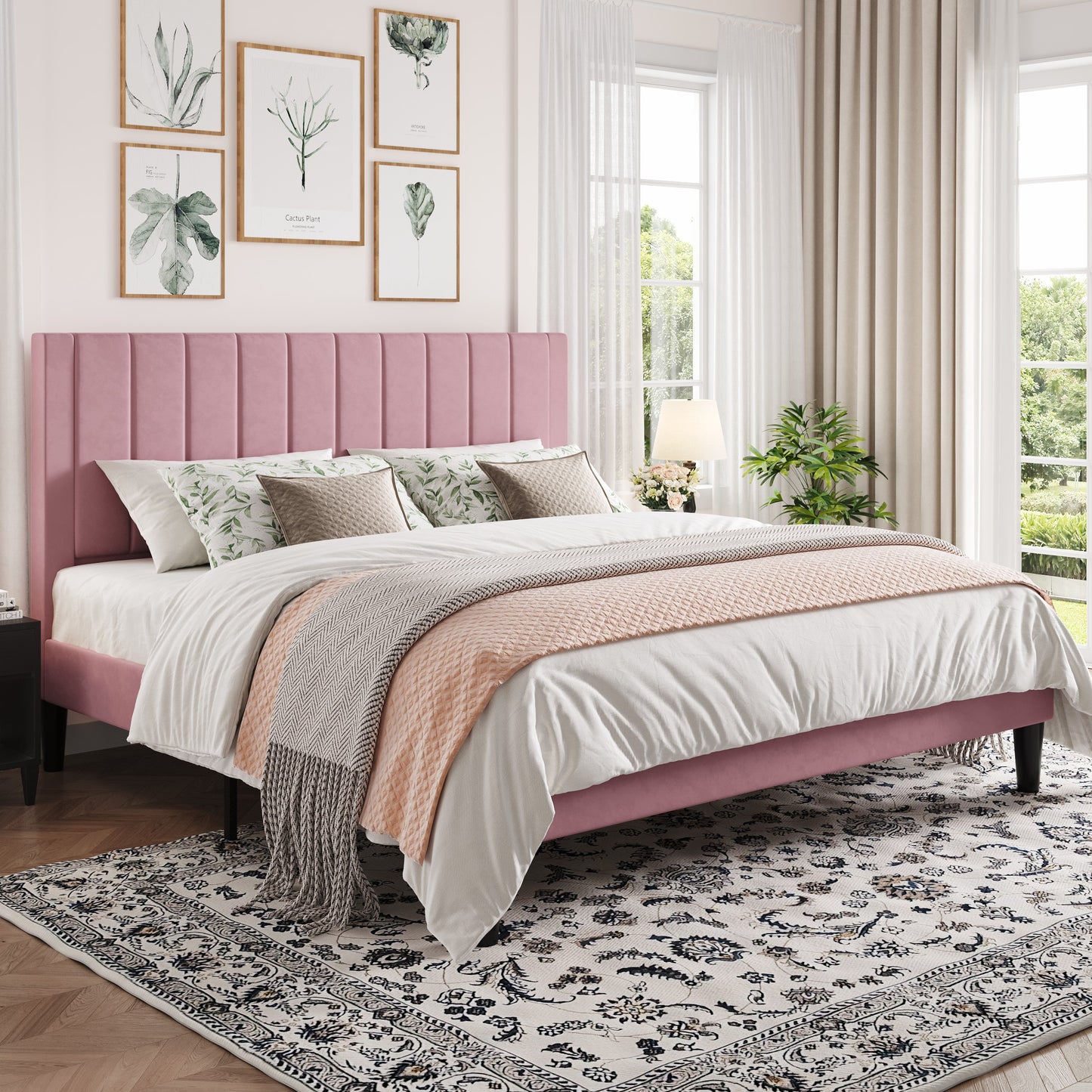 Amolife Bed Frame with Velvet Vertical Stripe Headboard and Extra Panel
