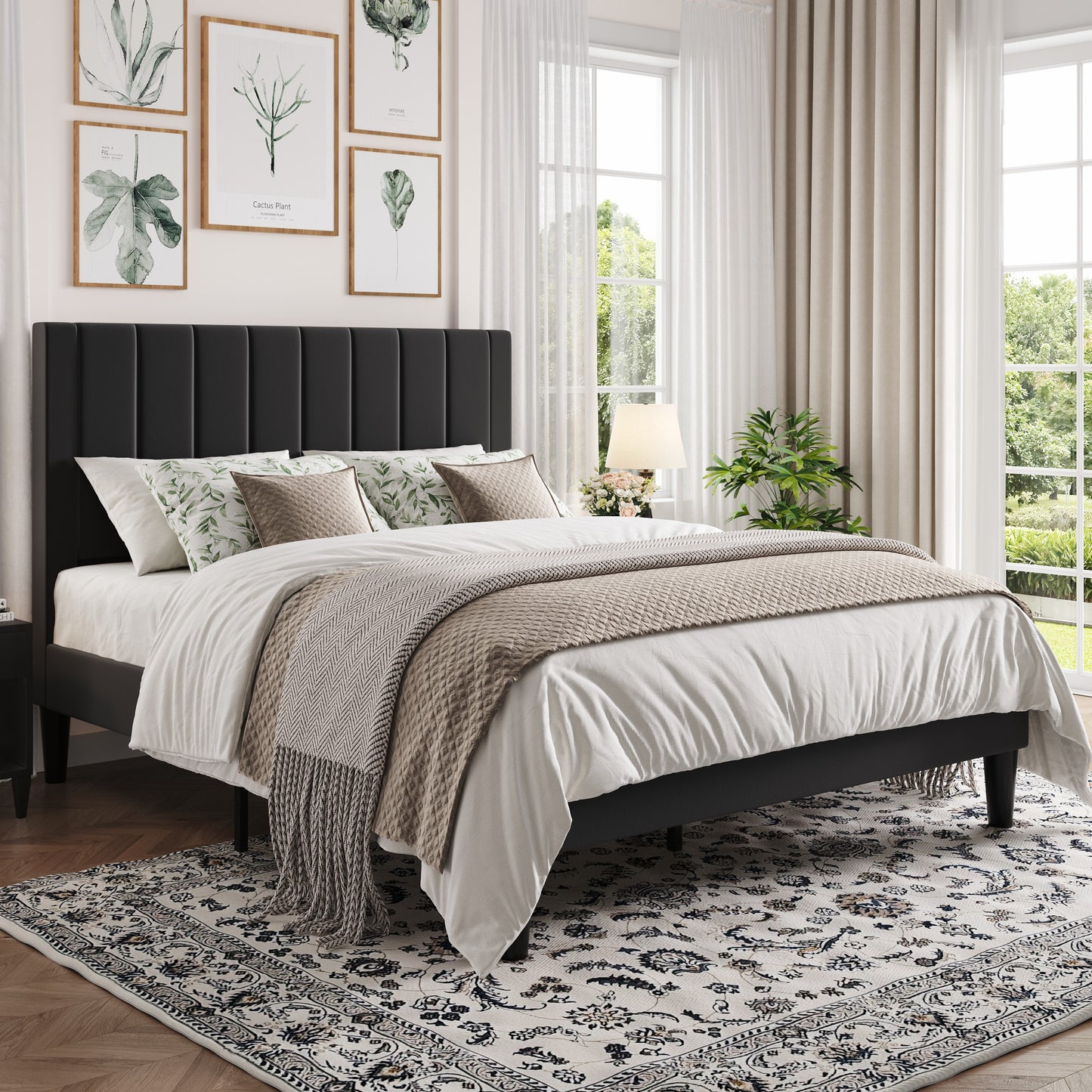 Amolife Bed Frame with Velvet Vertical Stripe Headboard and Extra Panel