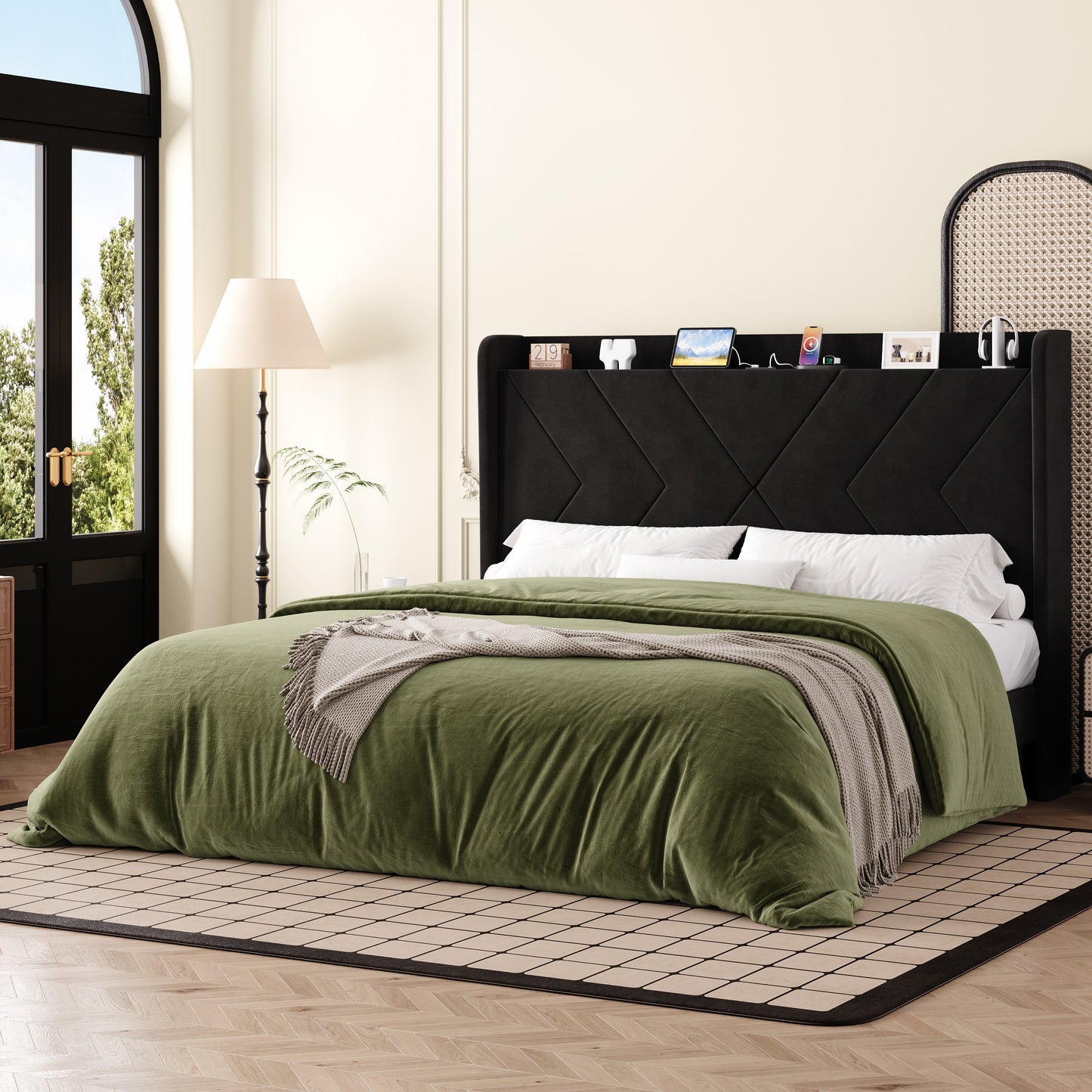 Amolife Platform Bed Frame with 4-in-1 Charging Station & Storage Shelf, Upholstered Velvet Wingback Headboard
