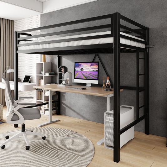 Loft Bed Frame for Juniors&Adults, Metal Loft Bed Twin Size with Safety Guardrail&Removable Ladder, Space-Saving, Noise Free