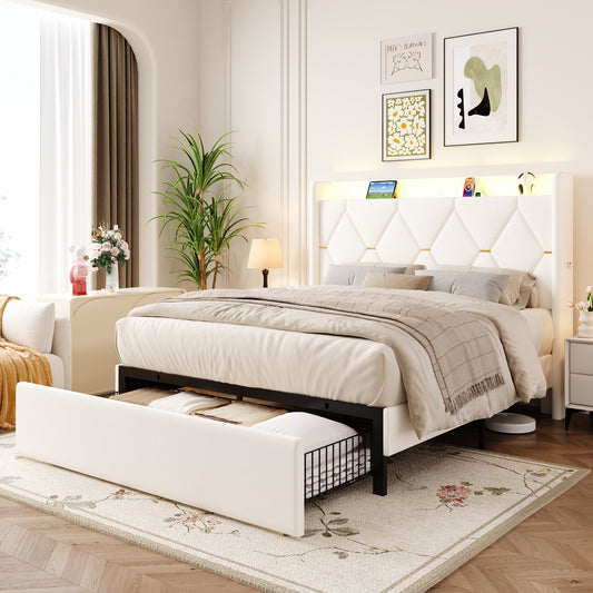 Amolife Bed Frame with Velvet Wingback Storage Headboard, Oversized Drawer, LED Light & Charging Station, No Box Spring Required