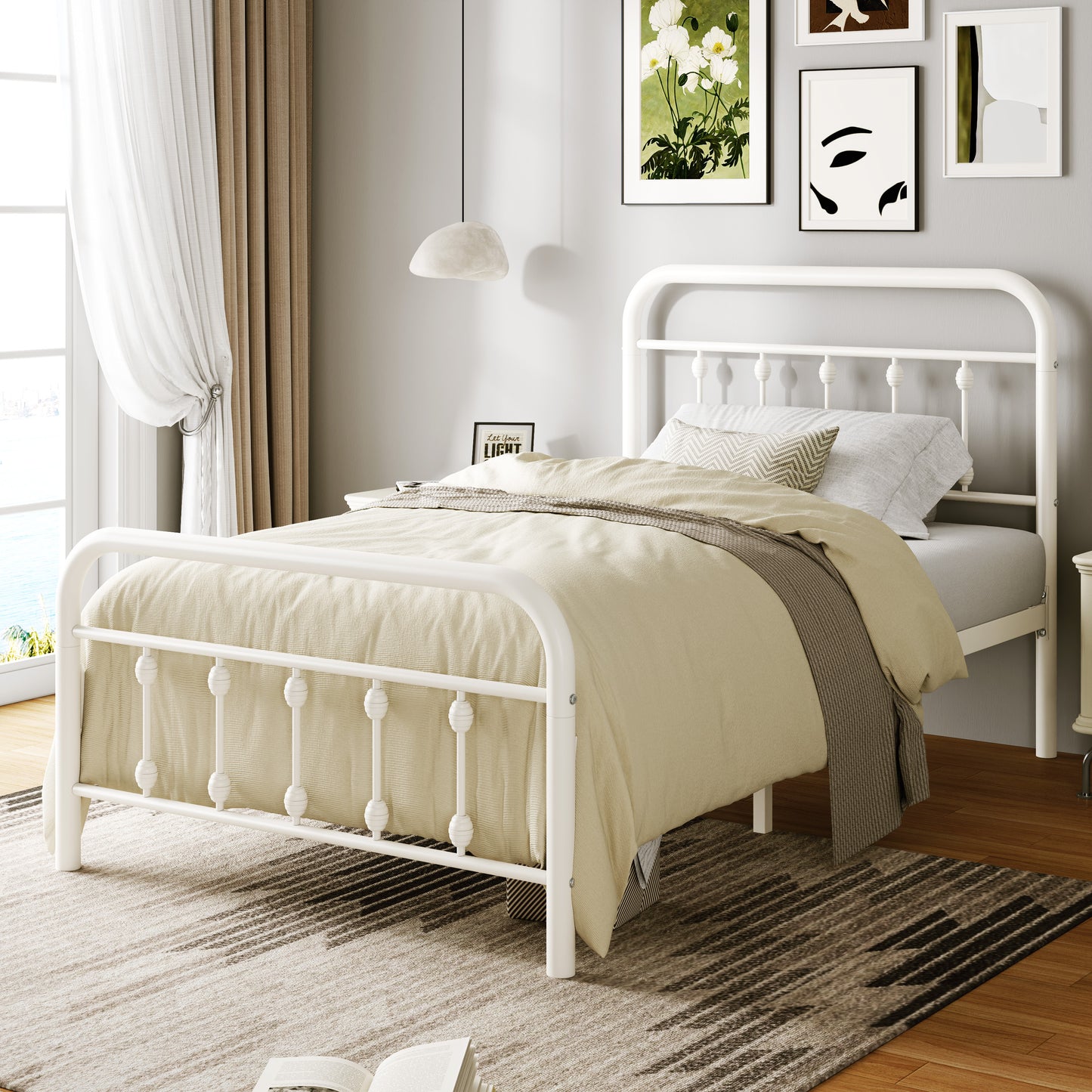 Amolife Metal Platform Bed Frame with Vintage Metal Headboard and 12.6" Under-Bed Storage