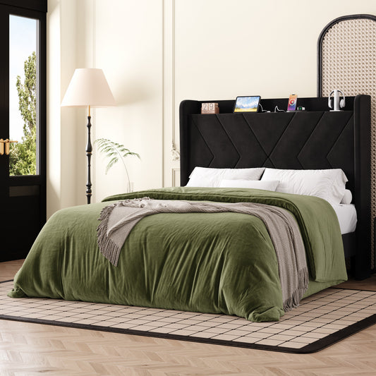 Amolife Platform Bed Frame with 4-in-1 Charging Station & Storage Shelf, Upholstered Velvet Wingback Headboard