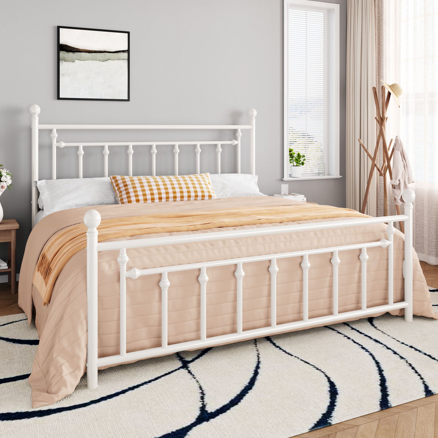 Queen Size Metal Bed Frame with Victorian Vintage Style Headboard and Footboard, Black