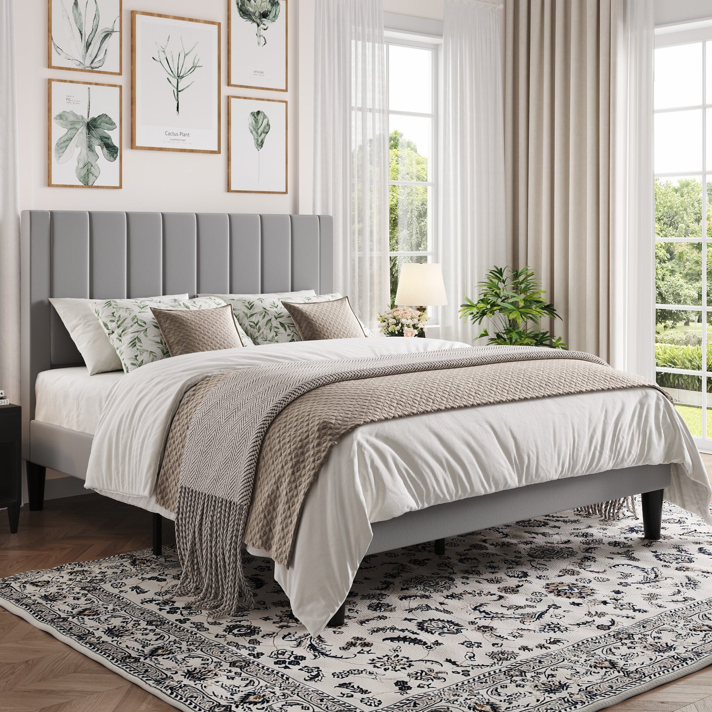 Amolife Bed Frame with Velvet Vertical Stripe Headboard and Extra Panel