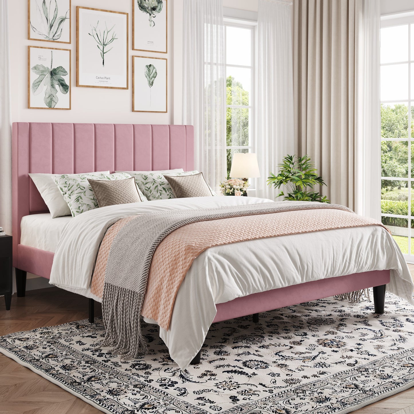 Amolife Bed Frame with Velvet Vertical Stripe Headboard and Extra Panel