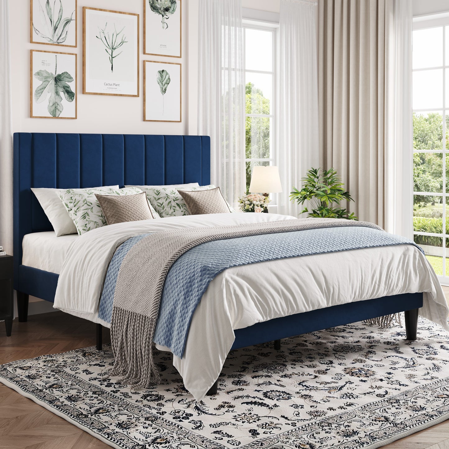 Amolife Bed Frame with Velvet Vertical Stripe Headboard and Extra Panel