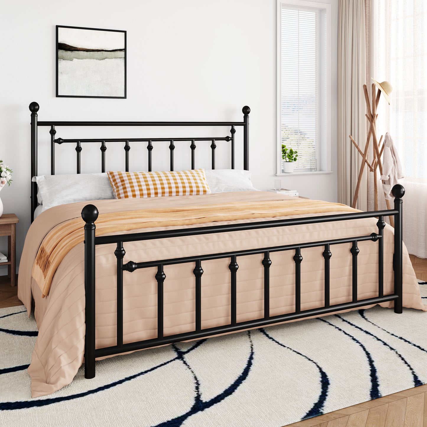 Queen Size Metal Bed Frame with Victorian Vintage Style Headboard and Footboard, Black