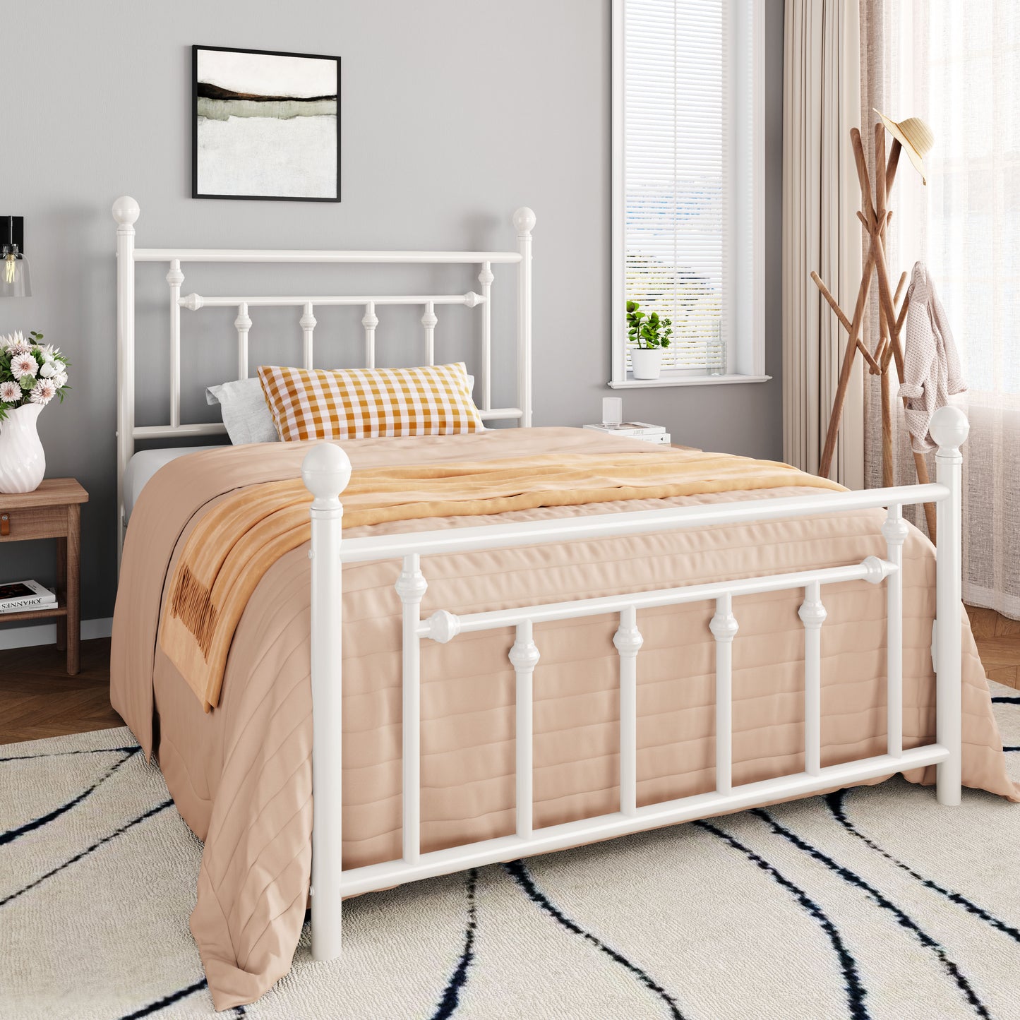 Queen Size Metal Bed Frame with Victorian Vintage Style Headboard and Footboard, Black