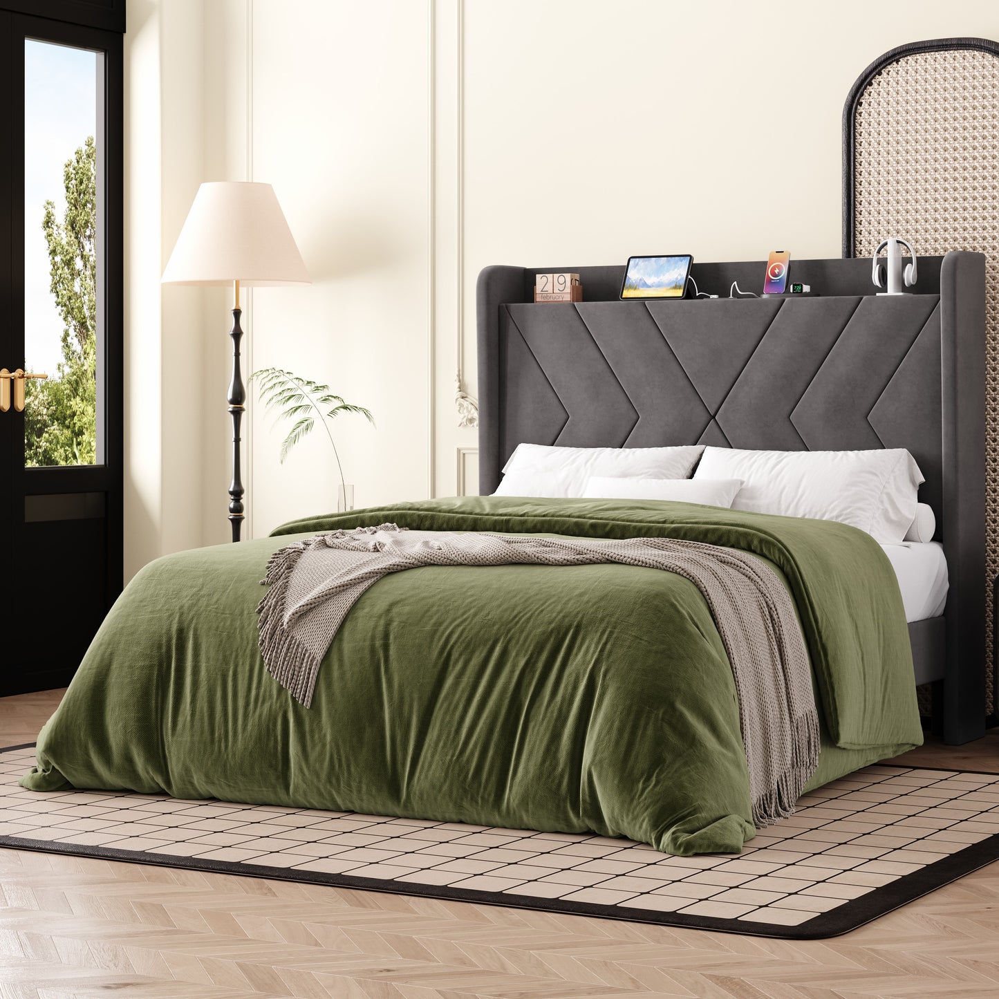 Amolife Platform Bed Frame with 4-in-1 Charging Station & Storage Shelf, Upholstered Velvet Wingback Headboard