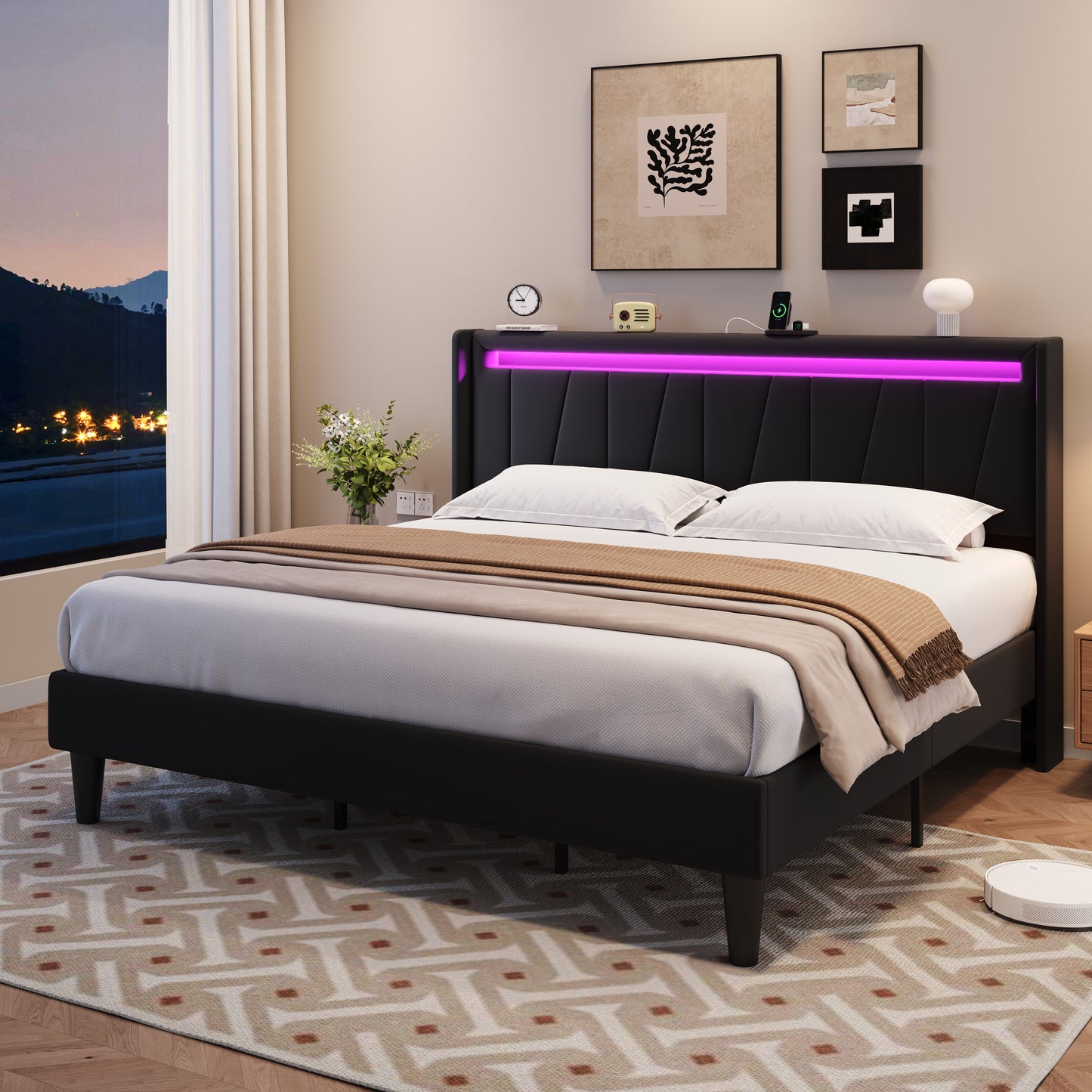 Amolife Bed Frame with Charging Station & LED Light, Velvet Upholstered Platform Bed with Geometric Wingback Headboard