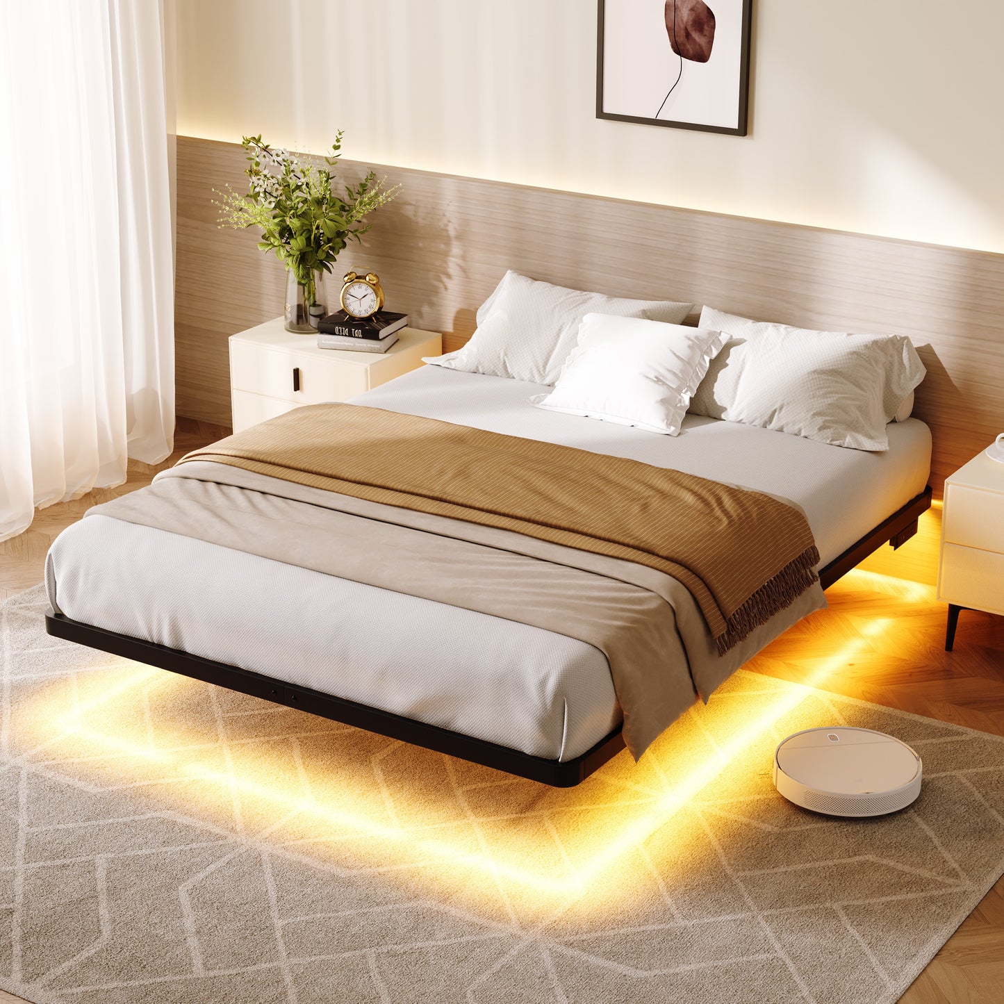 Amolife Heavy Duty Floating Bed Frame with Smart LED Lights and Charging Station