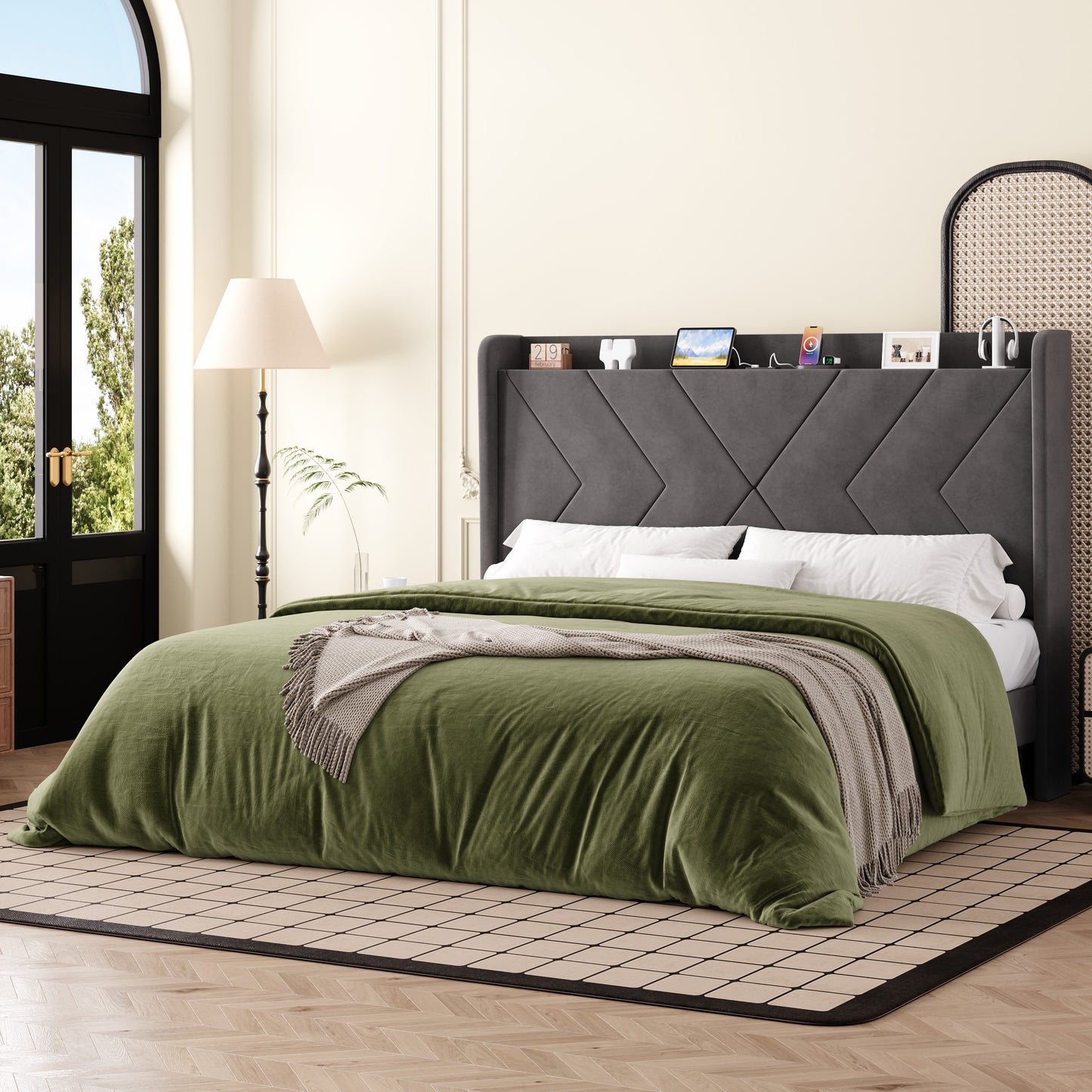 Amolife Platform Bed Frame with 4-in-1 Charging Station & Storage Shelf, Upholstered Velvet Wingback Headboard