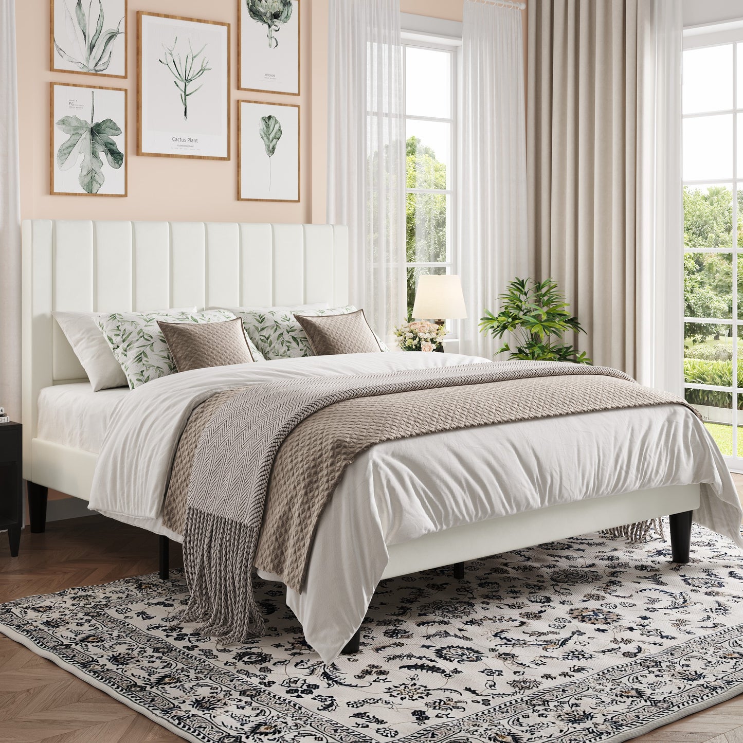 Amolife Bed Frame with Velvet Vertical Stripe Headboard and Extra Panel