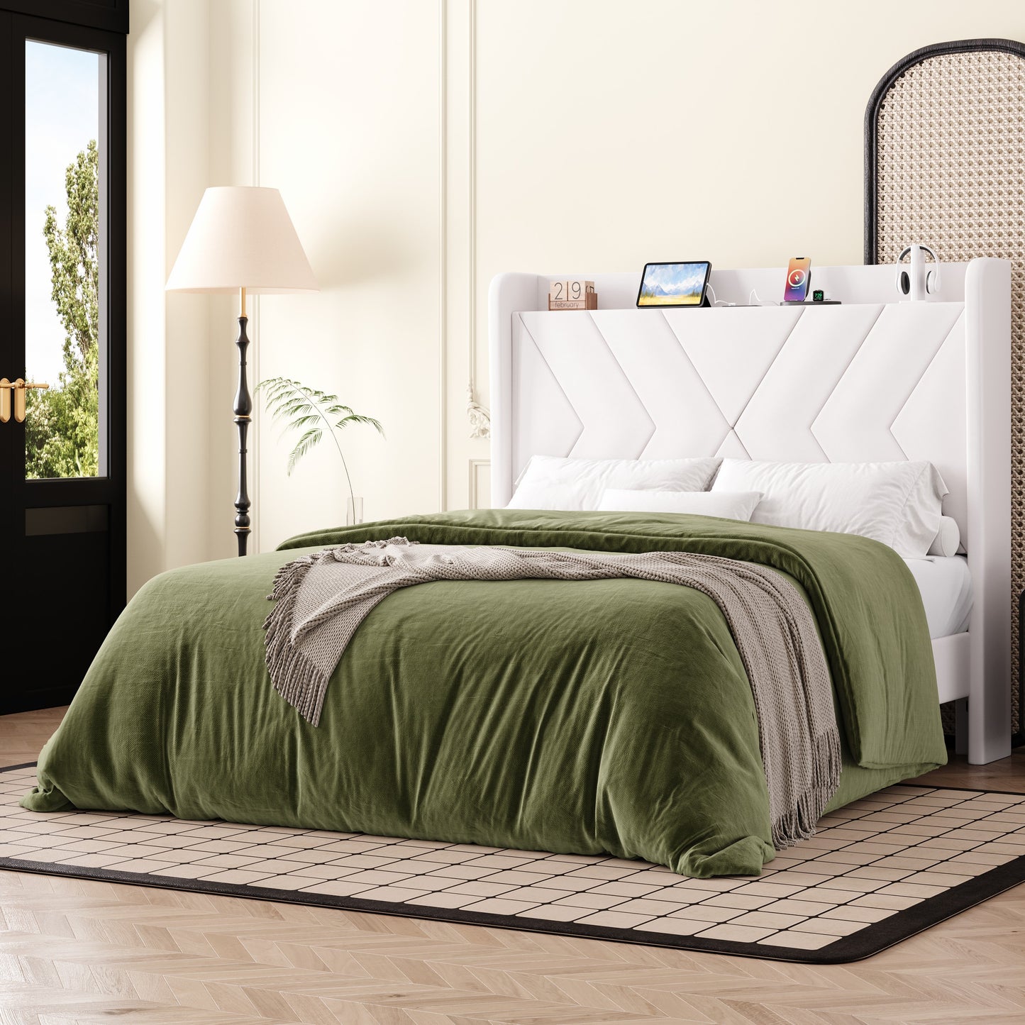 Amolife Platform Bed Frame with 4-in-1 Charging Station & Storage Shelf, Upholstered Velvet Wingback Headboard
