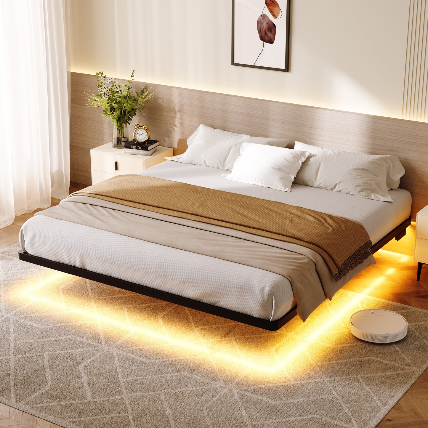 Amolife Heavy Duty Floating Bed Frame with Smart LED Lights and Charging Station