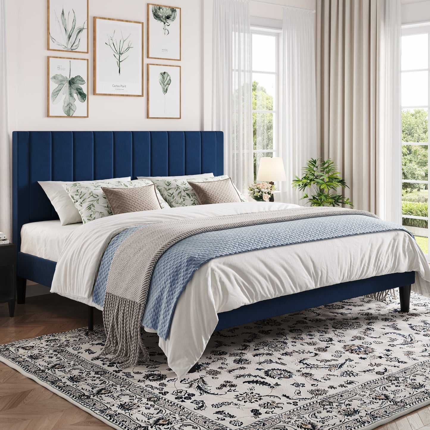Amolife Bed Frame with Velvet Vertical Stripe Headboard and Extra Panel