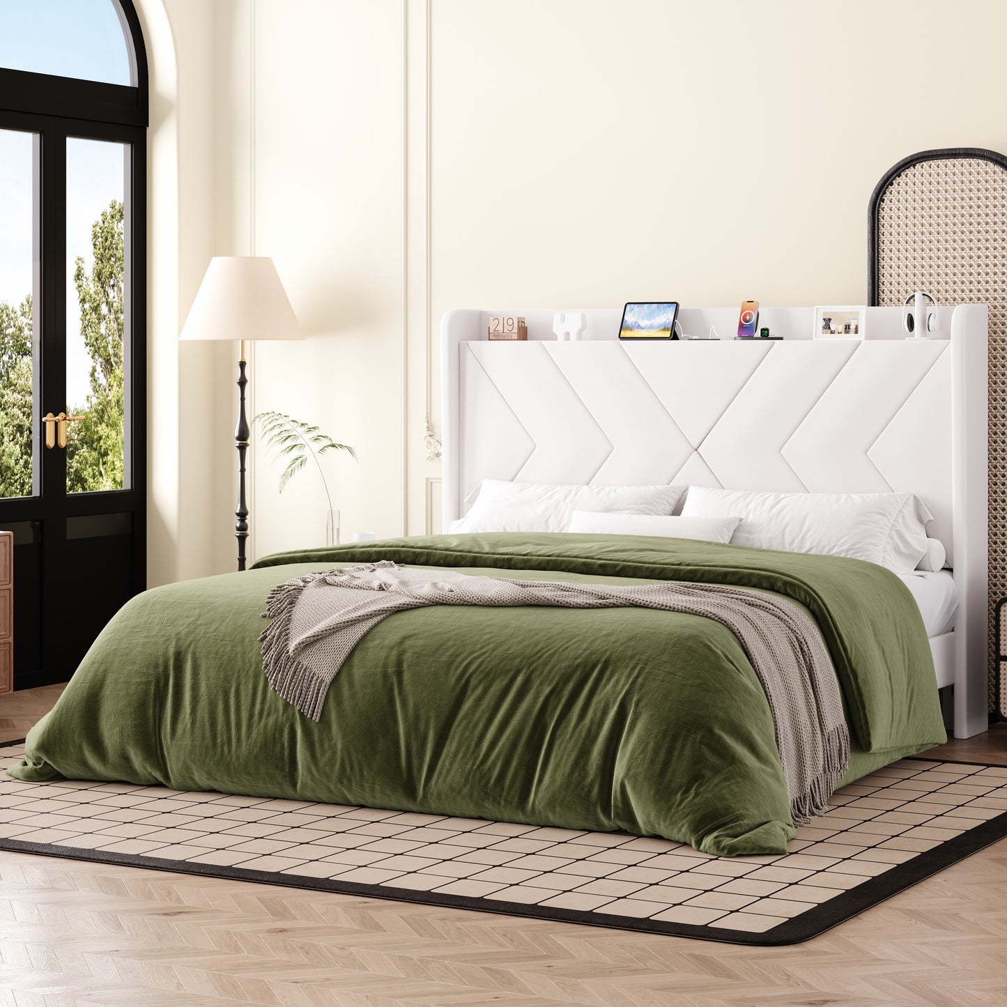 Amolife Platform Bed Frame with 4-in-1 Charging Station & Storage Shelf, Upholstered Velvet Wingback Headboard