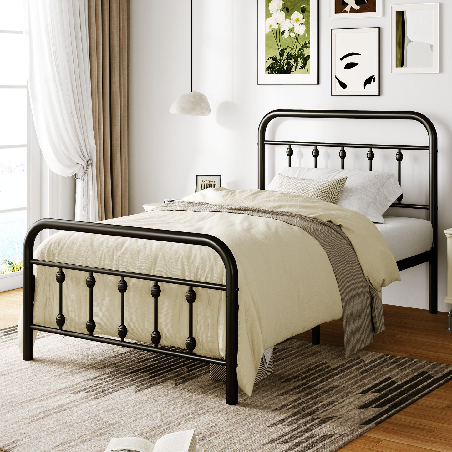 Amolife Metal Platform Bed Frame with Vintage Metal Headboard and 12.6" Under-Bed Storage