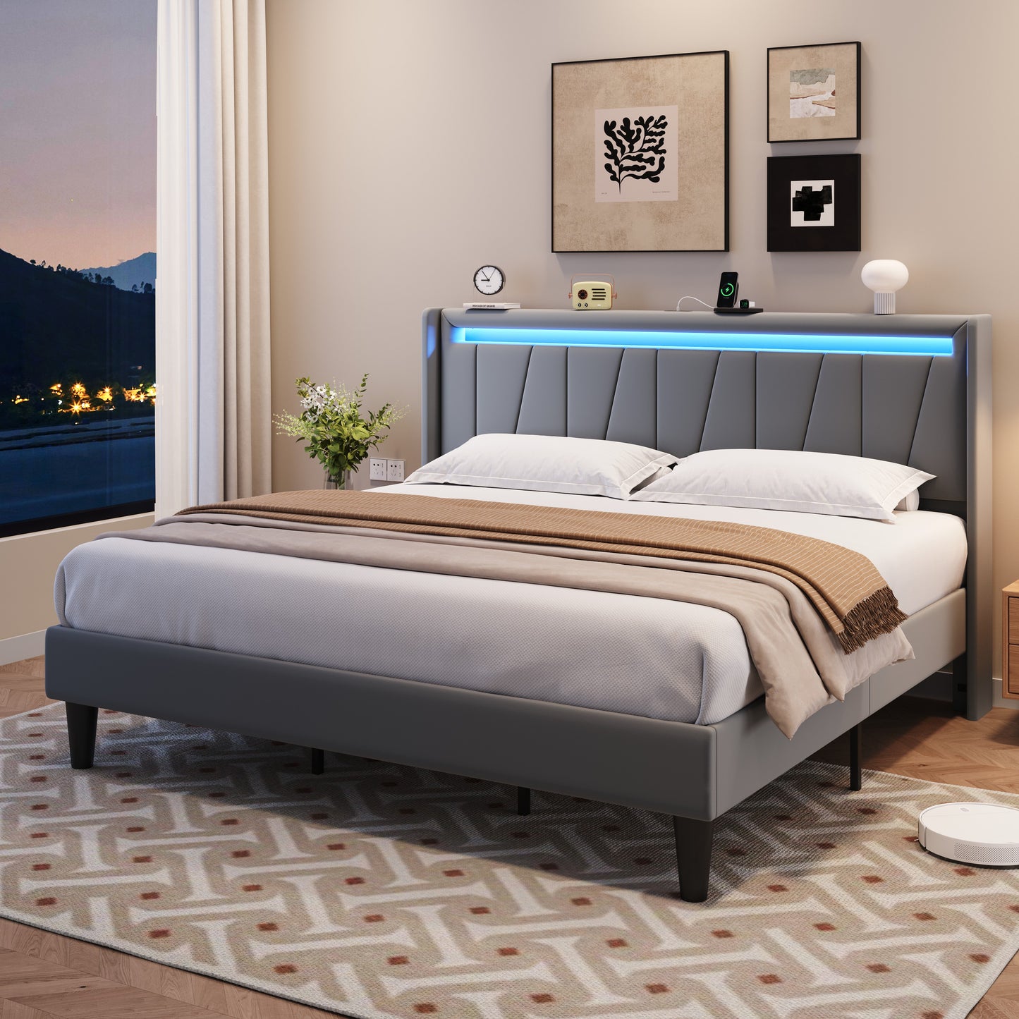 Amolife Bed Frame with Charging Station & LED Light, Velvet Upholstered Platform Bed with Geometric Wingback Headboard