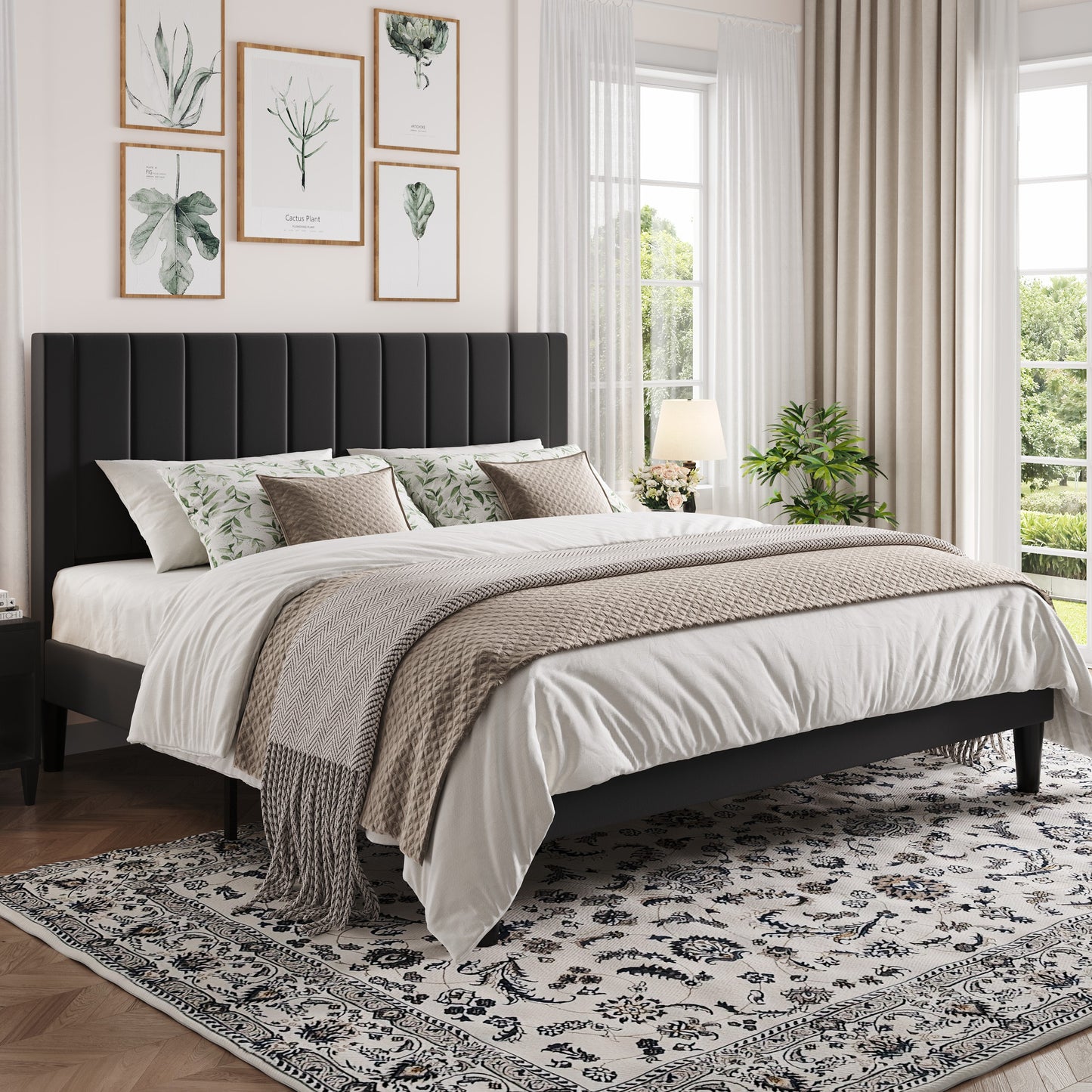 Amolife Bed Frame with Velvet Vertical Stripe Headboard and Extra Panel