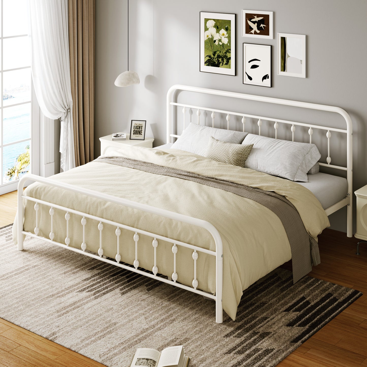 Amolife Metal Platform Bed Frame with Vintage Metal Headboard and 12.6" Under-Bed Storage