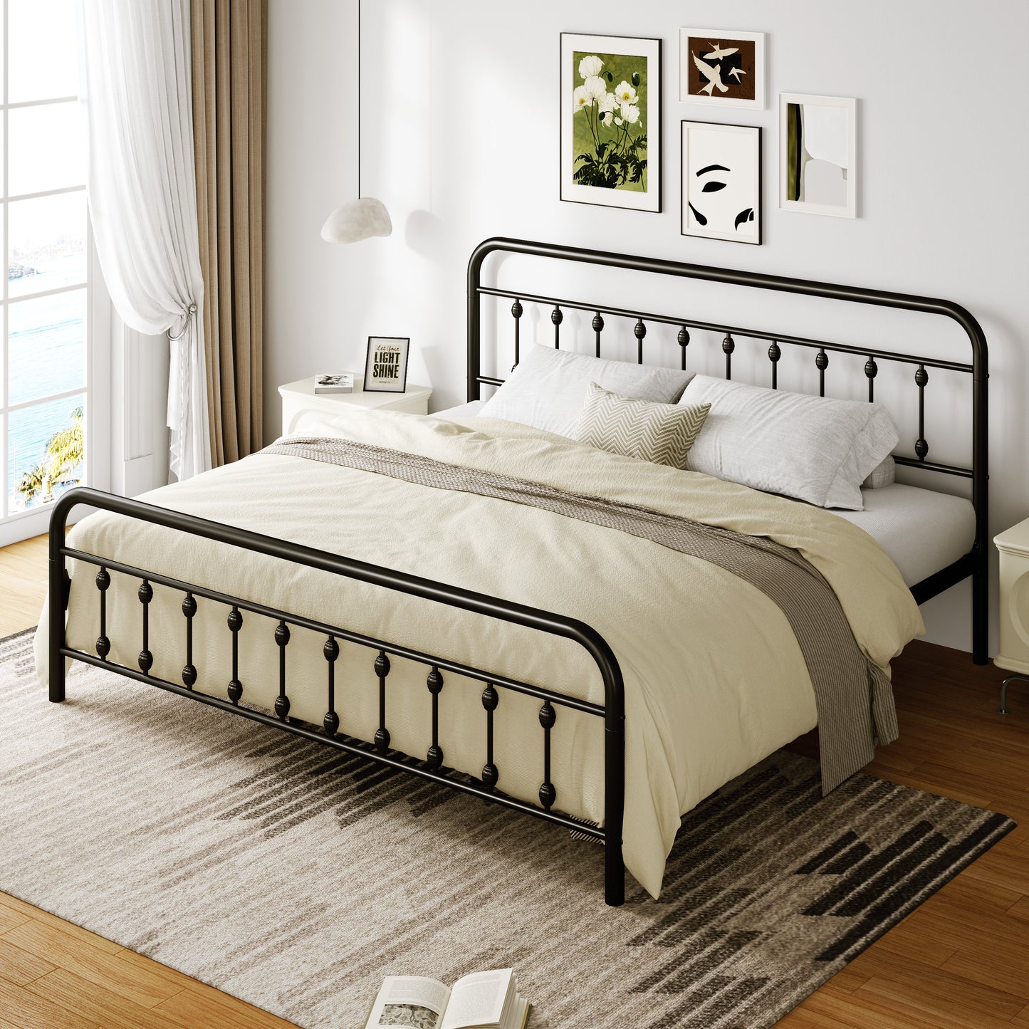 Amolife Metal Platform Bed Frame with Vintage Metal Headboard and 12.6" Under-Bed Storage