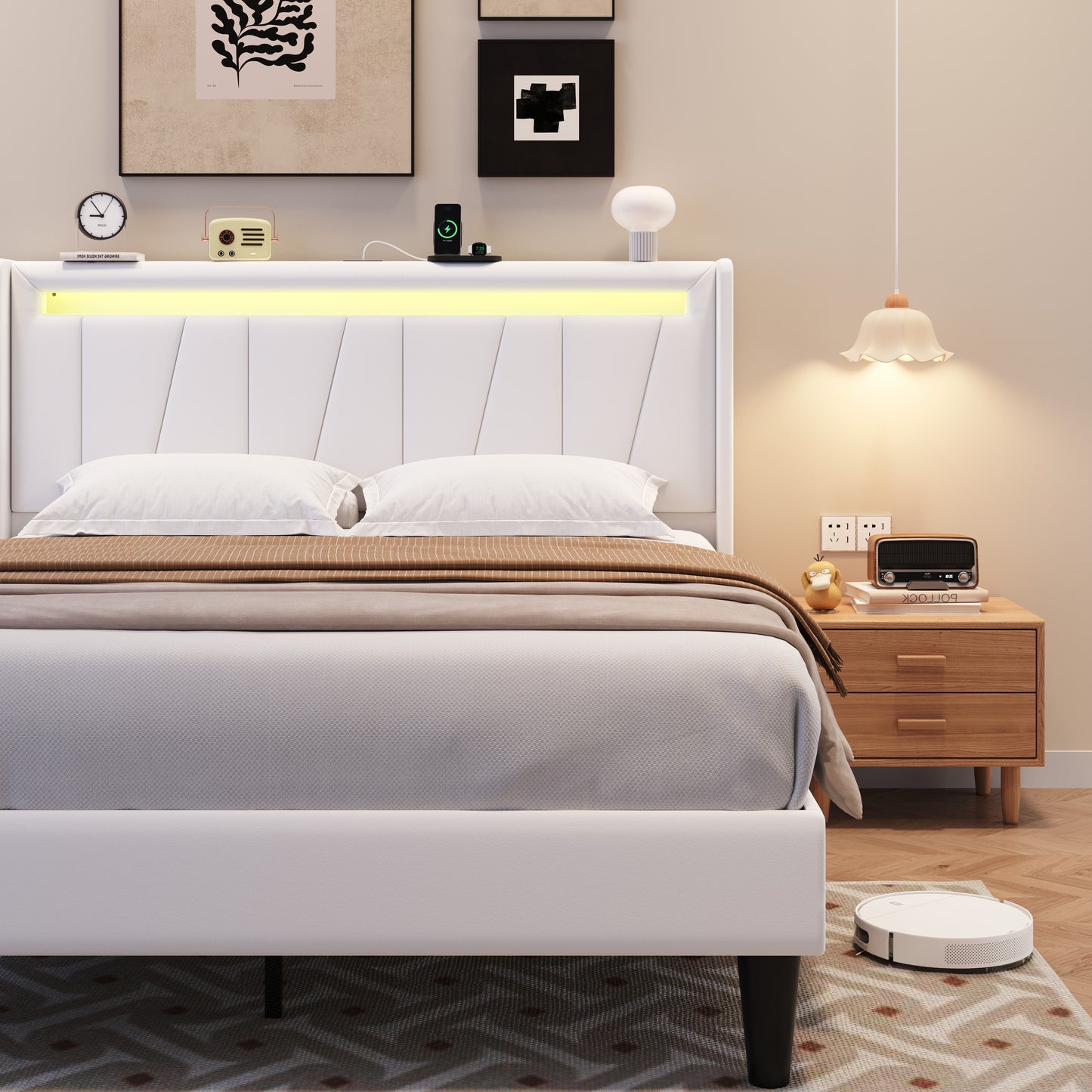 Amolife Bed Frame with Charging Station & LED Light, Velvet Upholstered Platform Bed with Geometric Wingback Headboard