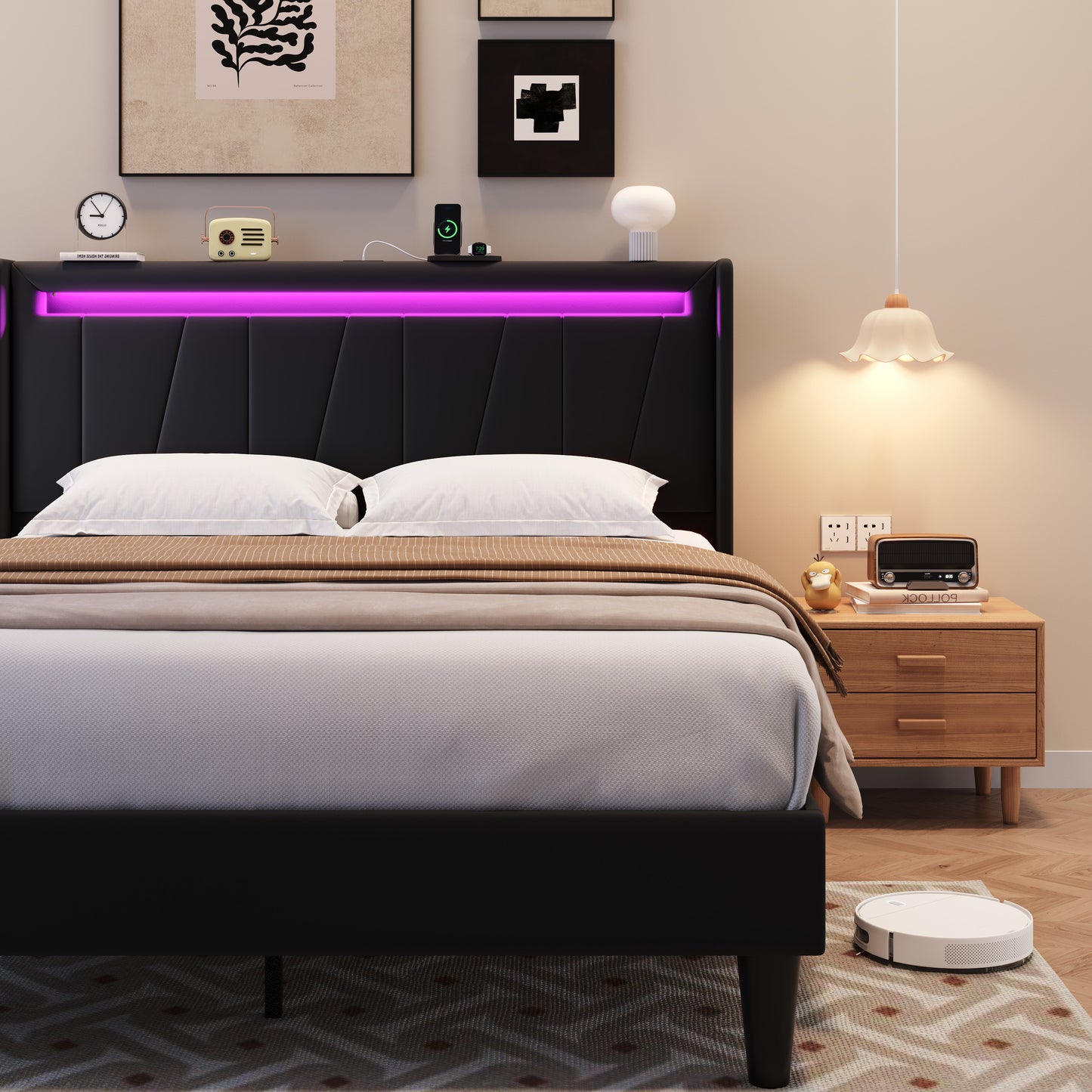 Amolife Bed Frame with Charging Station & LED Light, Velvet Upholstered Platform Bed with Geometric Wingback Headboard