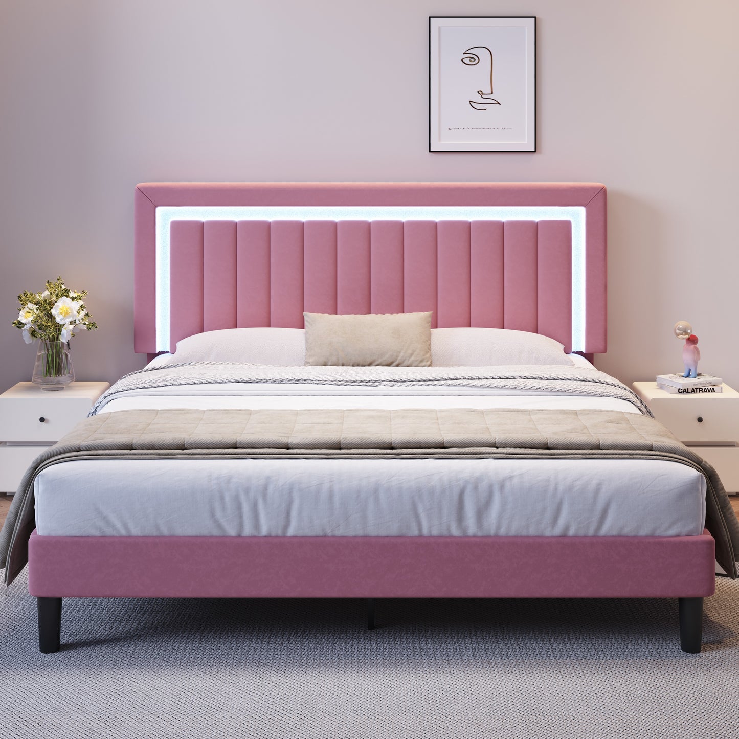 Amolife Bed Frame, Platform Bed with LED Light Velvet Vertical Channel Upholstered Headboard