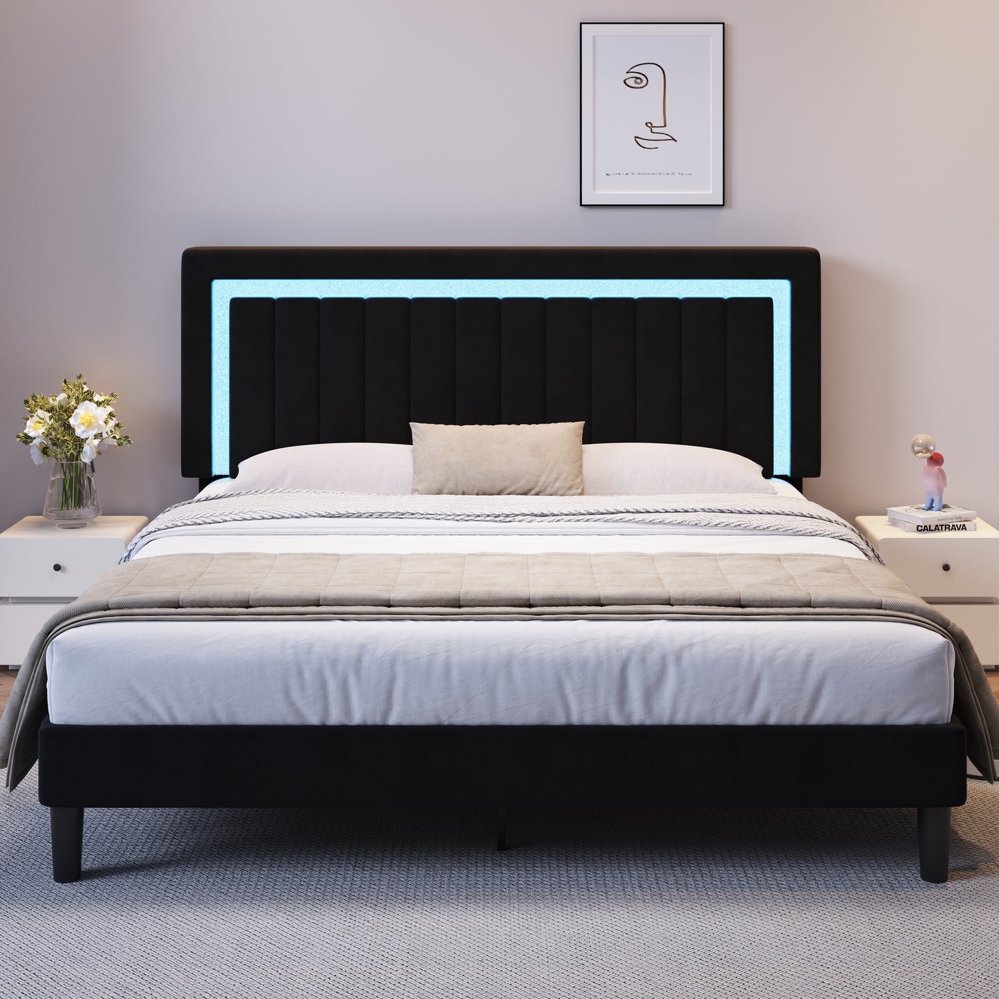 Amolife Bed Frame, Platform Bed with LED Light Velvet Vertical Channel Upholstered Headboard
