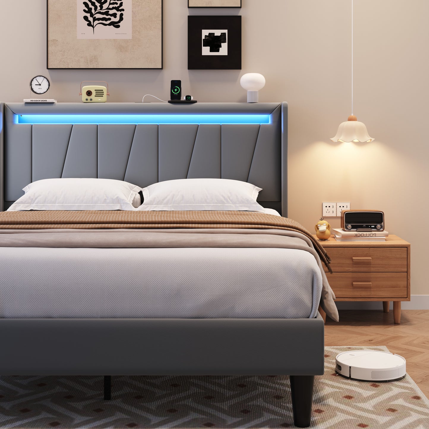 Amolife Bed Frame with Charging Station & LED Light, Velvet Upholstered Platform Bed with Geometric Wingback Headboard