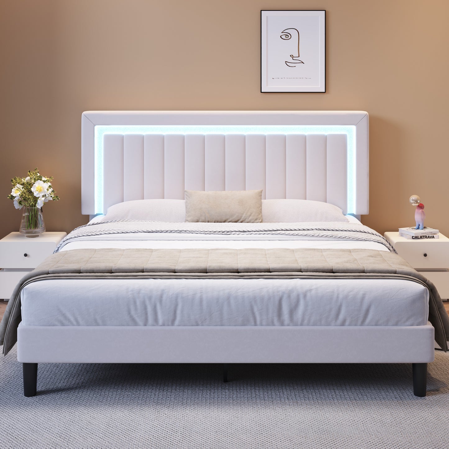 Amolife Bed Frame, Platform Bed with LED Light Velvet Vertical Channel Upholstered Headboard