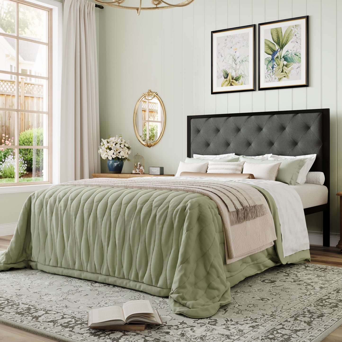 Amolife Bed Frame with Upholstered Headboard and Elevated Footboard, 12.5" Under-Bed Storage Space, No Box Spring Needed